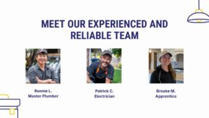 Three team members are presented: Ronnie L., Master Plumber; Patrick C., Electrician; and Brooke M., Apprentice, each shown in individual portrait photos.