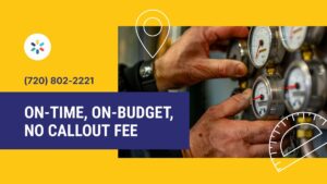 Hands adjusting pressure gauges with text overlay: "On-time, on-budget, no callout fee," and a contact phone number on a yellow background.