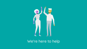 Illustration of a person and a robot high-fiving, with the text "We're here to help" on a teal background.
