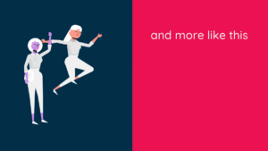 Two illustrated women in white outfits, one jumping, on a split navy and pink background with the text "and more like this" on the right.