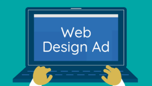 Illustration of hands typing on a laptop displaying a blue screen with the text "Web Design Ad" in white letters.