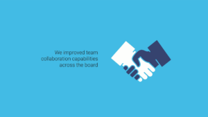 Graphic of two hands shaking with the text "We improved team collaboration capabilities across the board" on a blue background.