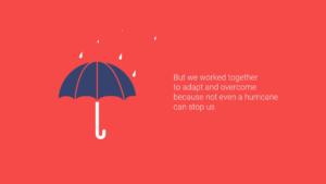 Illustration of a navy umbrella with raindrops on a red background, next to text about teamwork and overcoming challenges.
