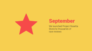 A large red star and text on a yellow background say: "September. We launched Project Rosetta Stone to thousands of rave reviews.