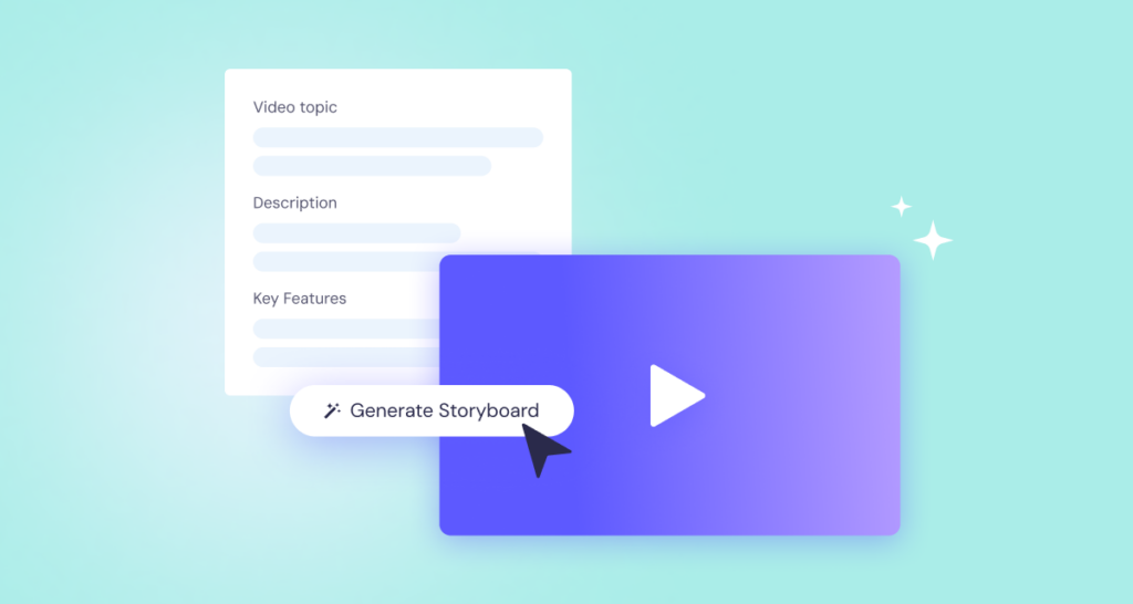A cursor clicks on "Generate Storyboard" next to a video preview icon, with a form displaying fields for video topic, description, and key features in the background.