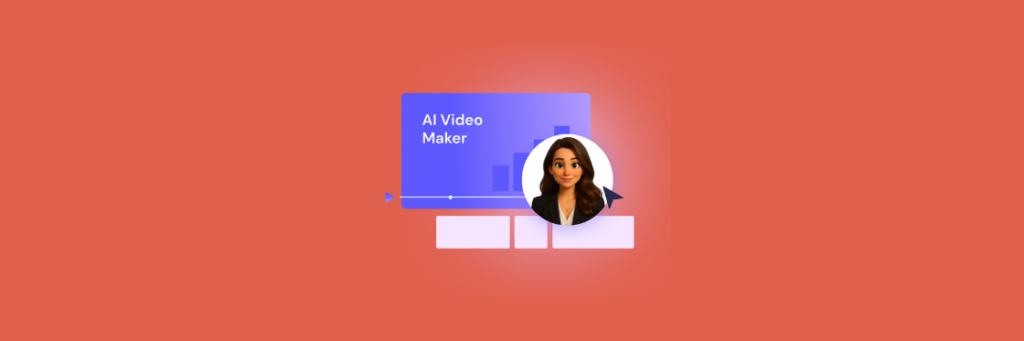 A digital graphic showing "AI Video Maker" text, a progress bar, and a circular photo of a woman on a red-orange background.