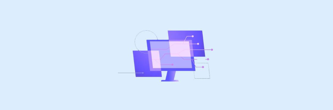 Illustration of a computer monitor with abstract digital interface elements and circuit-like connections on a light blue background.