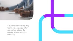 Close-up of people writing with pens on paper, alongside text stating most learners feel more prepared after completing a LearnCo course, with stylized blue and purple lines on the right.