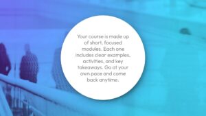 White circle with text explaining that the course is divided into short, focused modules with examples and activities, allowing self-paced learning; blurred blue background with people.