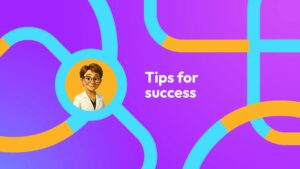 Illustration of a cartoon person with glasses and a white coat next to the text "Tips for success" on a purple background with blue and yellow abstract lines.