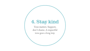 A circle with the text "4. Stay kind" and a note below: "Tone matters. Support, don't shame. A respectful tone goes a long way.