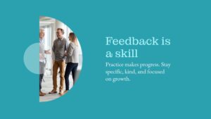 Four people stand in a hallway having a discussion. Text on the right reads: “Feedback is a skill. Practice makes progress. Stay specific, kind, and focused on growth.”.