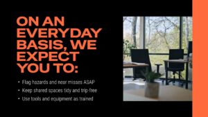 Orange text outlines daily workplace safety expectations next to an office scene with empty chairs, desks, and large windows. Bullet points emphasize hazard reporting, tidiness, and proper equipment use.