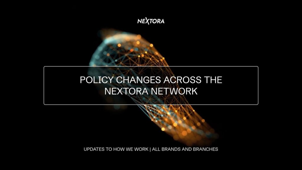 A digital abstract shape with blue and orange nodes appears behind white text stating "Policy Changes Across the Nextora Network" and "Updates to how we work | All brands and branches.