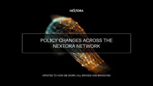A digital abstract shape with blue and orange nodes appears behind white text stating "Policy Changes Across the Nextora Network" and "Updates to how we work | All brands and branches.