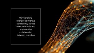 A digital network graphic with gold and blue lines beside a text box stating changes to improve consistency and collaboration across Nextora brands and branches.