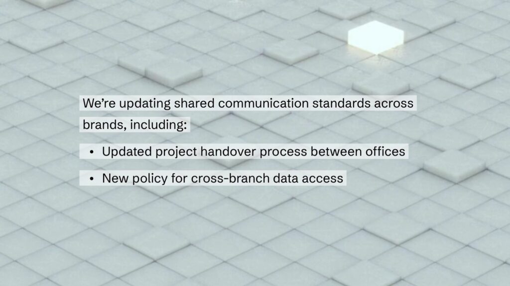 Text overlay on a tiled geometric background lists updates to shared communication standards, including project handover process changes and a new cross-branch data access policy.