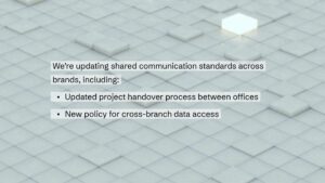 Text overlay on a tiled geometric background lists updates to shared communication standards, including project handover process changes and a new cross-branch data access policy.