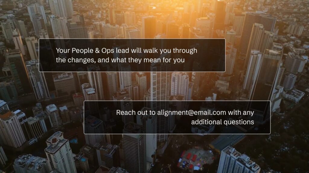 Aerial view of a city at sunset with two transparent text boxes containing information about People & Ops changes and an email contact for questions.