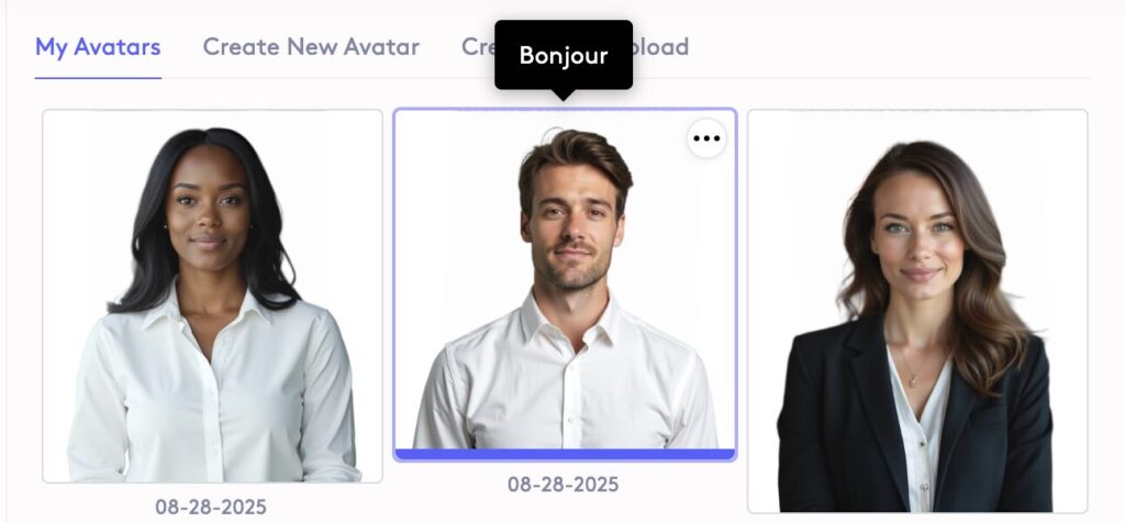 Three professional headshots are displayed in an avatar selection interface, with the middle avatar highlighted and a tooltip above it showing the word "Bonjour.