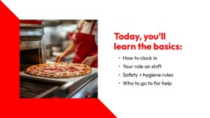 A person in a red uniform places a pizza in an oven. Text lists basics to learn: clocking in, shift roles, safety and hygiene rules, and who to ask for help.
