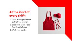 Instructions for starting a shift: clock in on the tablet, collect a red apron and cap, and wash hands. Image shows a red apron and cap.