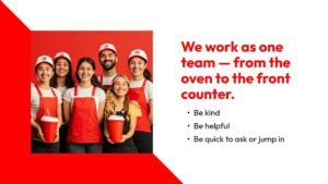 Six fast-food employees in uniforms stand smiling in front of a red background. Next to them, text emphasizes teamwork, kindness, and helpfulness in their workplace.