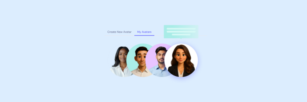 A row of four profile images, two real and two cartoon avatars, with the "My Avatars" tab selected above them on a light blue background.