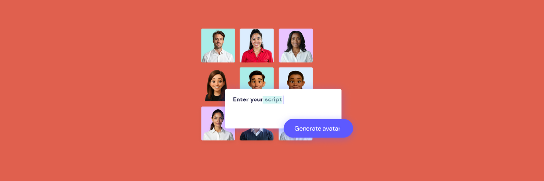 A grid of illustrated and real human avatars with a text box that says "Enter your script" and a blue "Generate avatar" button on an orange background.