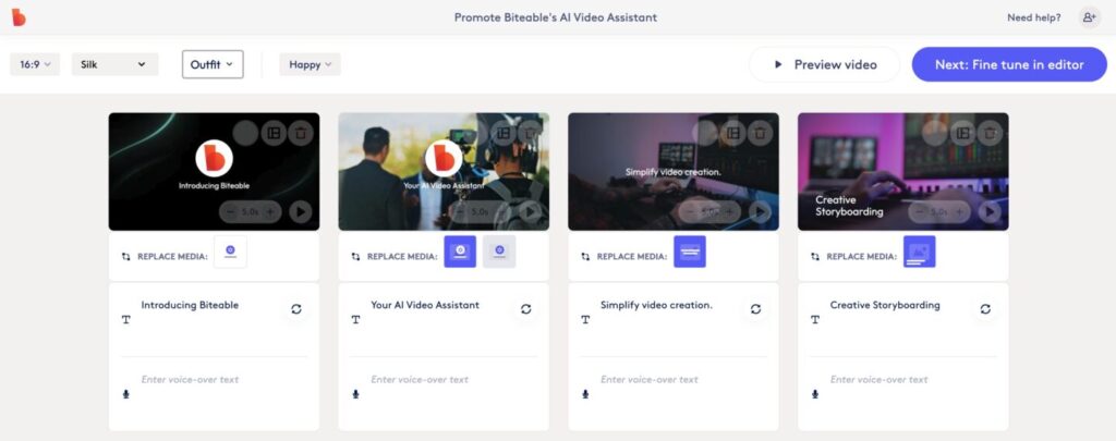 A video editing platform interface displays four video templates, each with a thumbnail, title, replace media button, and an area to enter voice-over text.