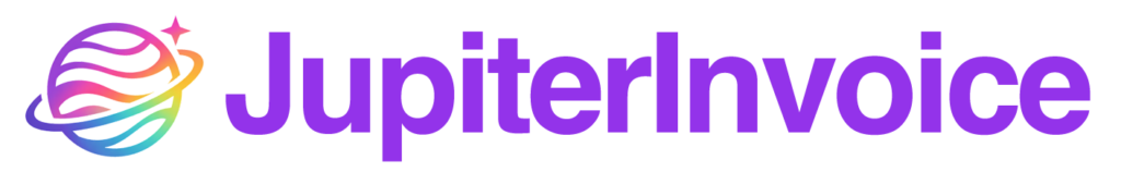 JupiterInvoice logo with a colorful, stylized planet icon on the left and bold purple text spelling "JupiterInvoice" on the right.