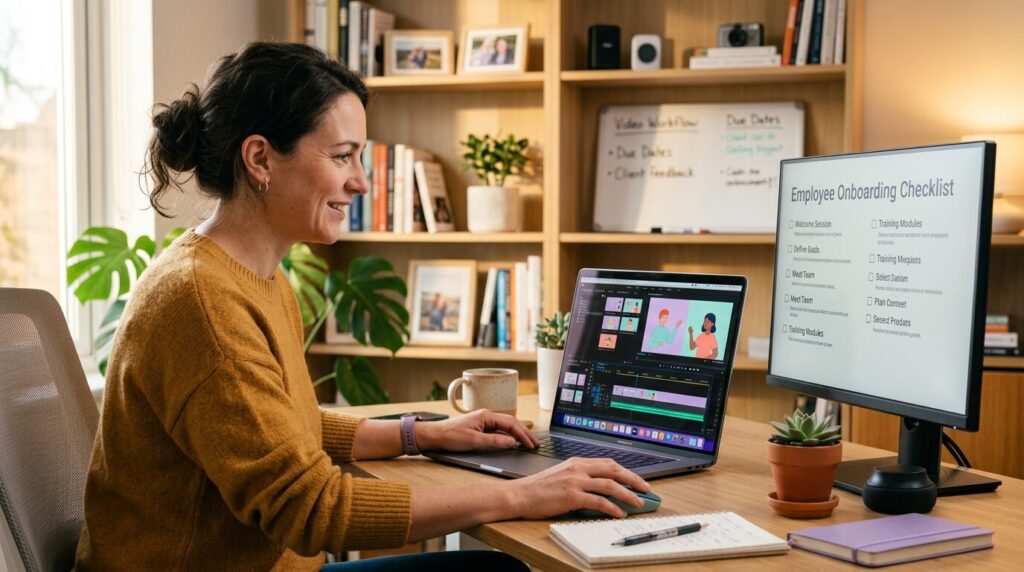 A woman works at a desk using a laptop and monitor displaying an employee onboarding checklist in a home office setting.