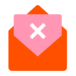 A graphic image of an orange envelope with a pink heart seal marked by a white "x," symbolizing a canceled or rejected message.