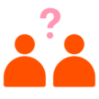 Two orange silhouettes with a question mark above, representing a discussion or inquiry between two people.