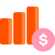 Orange bar graph with rising values next to a pink dollar sign symbol.