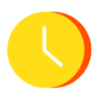 Yellow circle with a simplistic white clock face indicating the time as ten past ten.