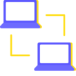 Two stylized blue laptops with yellow outlines connected by a dashed line, indicating data transfer or communication between them.